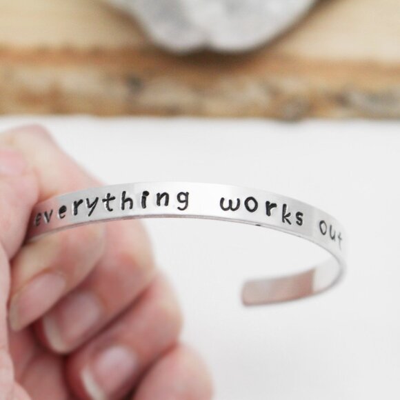 Everything Works Out - Hand Stamped Anodized Aluminum Bangle - Adjustable - Picture 4 of 11